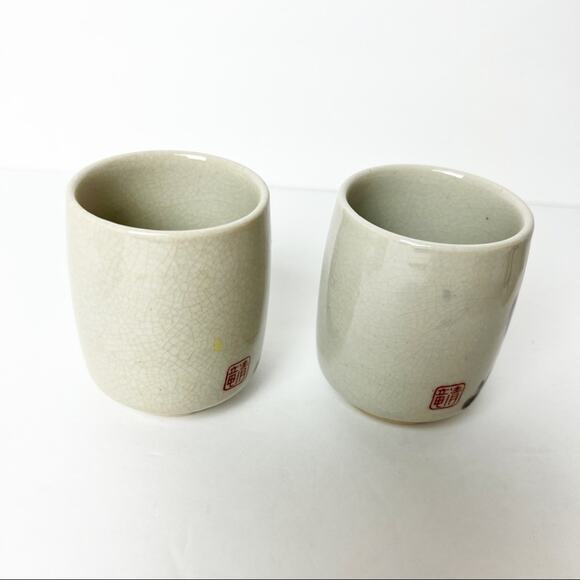 Hand Glazed Hand Painted Taupe Floral Sake Set of 6 - Picture 5 of 14